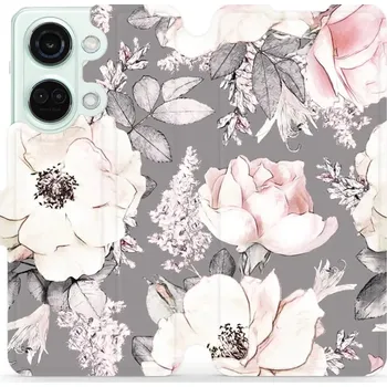 Pouzdro na mobilní telefon Flipové pouzdro Mobiwear - OnePlus Nord 3 5G - MX06S Květy na šedém pozadí (Knížkové flip pouzdro, obal, kryt na mobil OnePlus Nord 3 5G - MX06S Květy na šedém pozadí, materiál Umělá kůže + TPU - ochrana 360°, stojánek, silikonová vanička, magnetické)