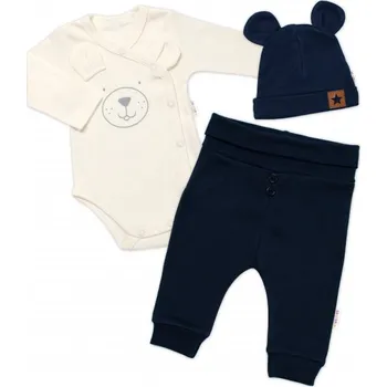 Kojenecká souprava Baby Nellys Little Bear zavinovací body s dlouhým rukávem + tepláčky + čepička granát/smetana