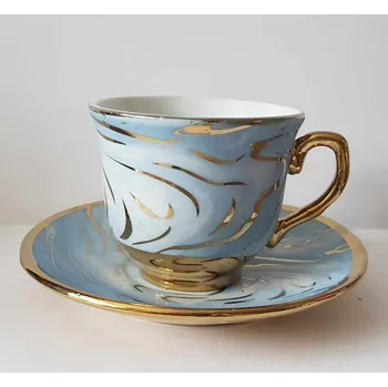 Modrý zlacený šálek s podšálkem - čínský porcelán