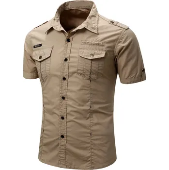 Pánská móda Pánská košile cargo safari s dekorativními knoflíky Barva: Khaki, Velikost: 2XL