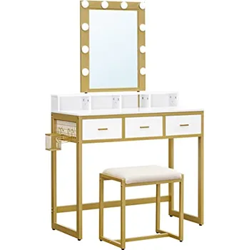 Toaletní stolek Paradox Kovový toaletní stolek REGALO LUX s osvětlením a ottomanem / Zlatý matný