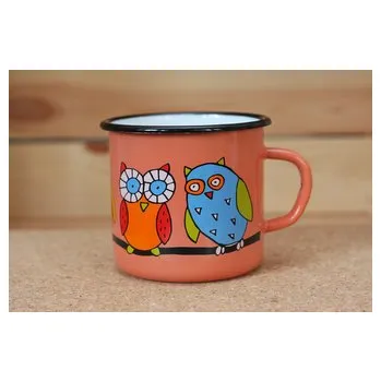 Smaltovaný hrnek 8cm - korálová / meruňková - sova