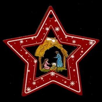 Vánoční dekorace AMADEA Dřevěná ozdoba barevná hvězda s betlémem 6 cm