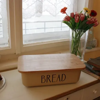 chlebník Chlebník s dřevěnou deskou Bread krémový 21x38x12cm