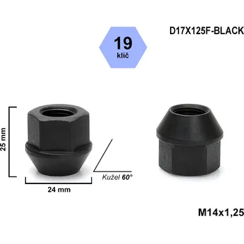 Matice na kolo Kolová matice M14x1,25 kužel otevřená, klíč 19, D17X125F-BLACK černá, výška 25mm