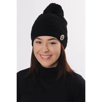 Čepice R-JET Černá dámská zimní pletená čepice s broží a bambulí