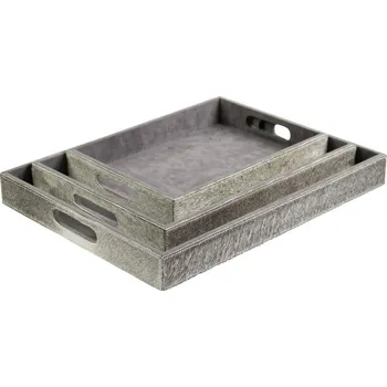 Sada 3ks servírovací podnosy s hovězí kůží šedá - 46*36,5*5cm/40,5*30,5*5cm/33,5*24,5*5cm