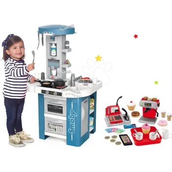 Dětská kuchyňka Set kuchyňka s technickým vybavením Tech Edition Smoby elektronická a malá kavárna s Espresso kávovarem a zákusky