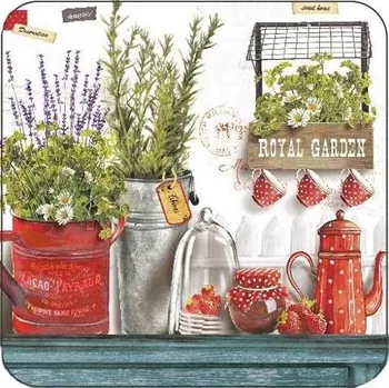 prostírání Korkové prostírání pod skleničky ROYAL GARDEN, červená konev, jahody /10,5*10,5 cm/ - 4 ks