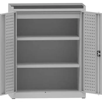 Dílenská skříň na nářadí, v x š x h: 1170x950x500 mm, perforované panely, 2 x police, 1 x zásuvka, barva šedá RAL7035 / šedá RAL7035