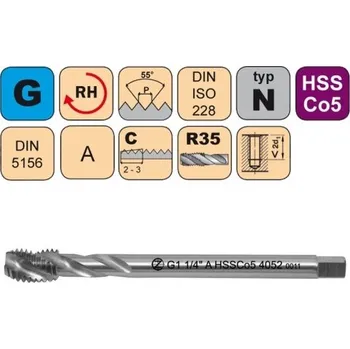 Závitořezný nástroj NÁSTROJE CZ Strojní závitník /CZZ4052/ pro trubkový závit se šroubovitou drážkou CZZ Závit: G5/8"-A