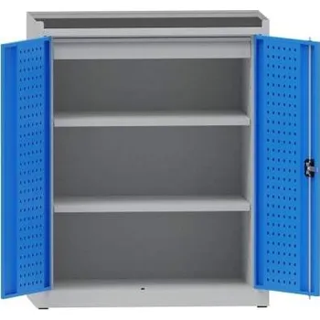 Dílenská skříň na nářadí, v x š x h: 1170x950x500 mm, perforované panely, 2 x police, 1 x zásuvka, barva šedá RAL7035 / modrá RAL5012