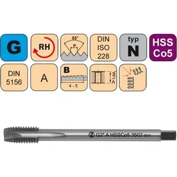 Závitořezný nástroj NÁSTROJE CZ Strojní závitník /CZZ3502/ pro trubkový závit s přímou drážkou a lamačem třísek CZZ Závit: G3/8"-A