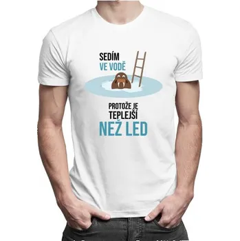 Žertovný předmět Sedím ve vodě, protože je teplejší než led - pánské tričko s potiskem- Tričkový.cz