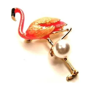 Brož Brož pták plameňák s perlou oranžový Oranžová