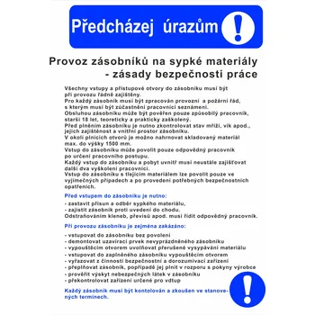 Značení Předcházej nejčastejším úrazům - PROVOZ ZÁSOBNÍKŮ NA SYPKÉ MATERIÁLY - zásady bezpečnosti samolepící vinylová fólie A3 (420 x 297 mm)