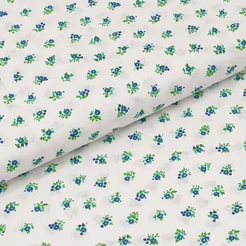 Bavlněné plátno bílé, modré drobné kytice, š.140