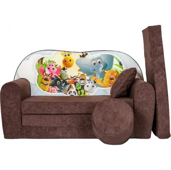 Pohovka Rozkládací dětská pohovka s bobkem a polštářkem Zoo - Hnědá