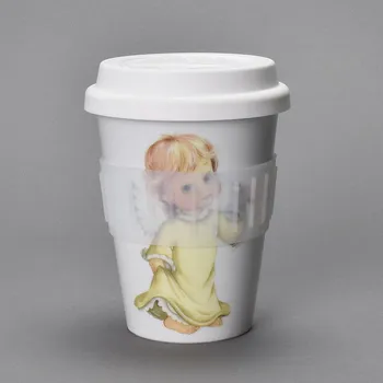 Termohrnek Porcelánový pohárek Coffee to Go s víčkem a páskou "Andílek - žlutý" - 310 ml