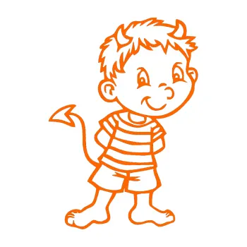 Samolepicí dekorace na vozidlo Dítě v autě 019 pravá kluk čertík (73 - Fluorescentní oranžová) SAMOLEPKA NA AUTO, NÁLEPKA, FÓLIE, POLEP, TUNING, VLASTNÍ TEXT, TISK, AUTOSAMOLEPKY.cz, POLEPY, OBRÁZEK, LOGO, 3D STICKERS