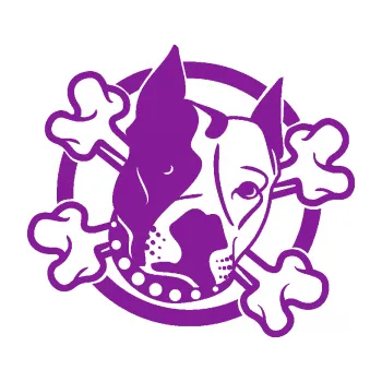 Polep vozidla SAMOLEPKA Pes 115 pravá pitbull se zkříženými kostmi (14 - fialová) NA AUTO, NÁLEPKA, FÓLIE, POLEP, TUNING, VLASTNÍ TEXT, TISK, AUTOSAMOLEPKY.cz, POLEPY, OBRÁZEK, LOGO, SAMOLEPKY