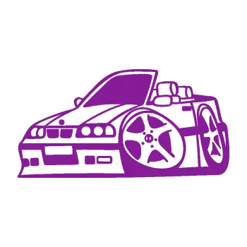 Polep vozidla SAMOLEPKA BMW e30 cabrio karikatura levá (14 - fialová) NA AUTO, NÁLEPKA, FÓLIE, POLEP, TUNING, VLASTNÍ TEXT, TISK, AUTOSAMOLEPKY.cz, POLEPY, OBRÁZEK, LOGO, SAMOLEPKY