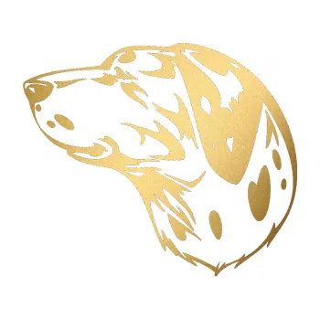 Polep vozidla SAMOLEPKA NA AUTO Pes 002 levá Dalmatin (43 - zlatá metalíza) NÁLEPKA, FÓLIE, POLEP, TUNING, VLASTNÍ TEXT, TISK, AUTOSAMOLEPKY.cz, POLEPY, OBRÁZEK, LOGO, SAMOLEPKY