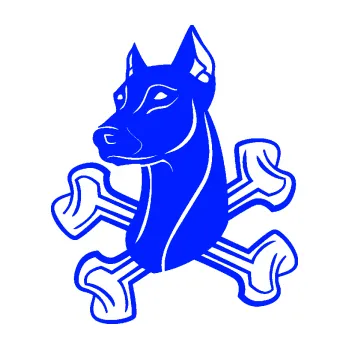 Polep vozidla Pes 114 levá dobrman se zkříženými kostmi (19 - modrá dynamic) SAMOLEPKA NA AUTO, NÁLEPKA, FÓLIE, POLEP, TUNING, VLASTNÍ TEXT, TISK, AUTOSAMOLEPKY.cz, POLEPY, OBRÁZEK, LOGO, 3D STICKERS