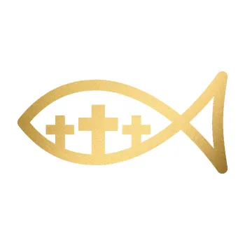 samolepka Jesus rybička 005 tři kříže křesťanský symbol (43 - zlatá metalíza) SAMOLEPKA NA AUTO, NÁLEPKA, FÓLIE, POLEP, TUNING, VLASTNÍ TEXT, TISK, AUTOSAMOLEPKY.cz, POLEPY, OBRÁZEK, LOGO, 3D STICKERS