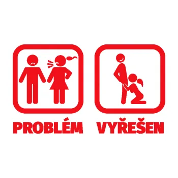Polep vozidla SAMOLEPKA Problém? Vyřešen 003 (10 - červená) NA AUTO, NÁLEPKA, FÓLIE, POLEP, TUNING, VLASTNÍ TEXT, TISK, AUTOSAMOLEPKY.cz, POLEPY, OBRÁZEK, LOGO, SAMOLEPKY