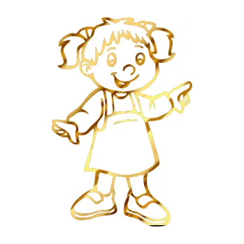 Samolepicí dekorace na vozidlo Dítě v autě 016 pravá veselá holka v šatech (81 - chrom fólie zlatá zrcadlová) SAMOLEPKA NA AUTO, NÁLEPKA, FÓLIE, POLEP, TUNING, VLASTNÍ TEXT, TISK, AUTOSAMOLEPKY.cz, POLEPY, OBRÁZEK, LOGO, 3D STICKERS