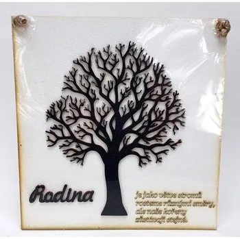 Obraz Dřevěná deska bílá s 3D stromem a nápisem - Rodina je jako větve stromů - 21,5*22,5 cm
