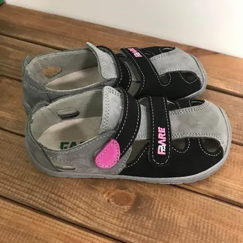 Dívčí sandály Kožené barefoot sandále - šedočerné s růžovou, Fare bare Velikost: 29