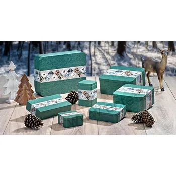 Dóza na potraviny NATURE zelená plechová dóza na cukroví 3433 zimní obrázky z přírody: jelen, ořechy a dřevo