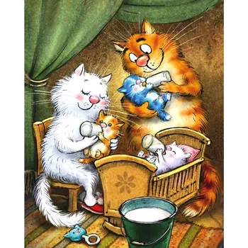 Diamantové malování TSvetnoy TSvetnoy, LG277e, Diamond painting - diamantové malování, 40 x 50 cm, Kočky - Šťastná rodinka