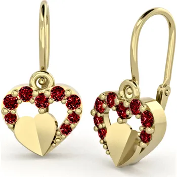 Náušnice Dětské náušnice ze žlutého zlata - srdíčka s červenými zirkony a srdíčkem