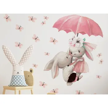 Samolepící dekorace DEKORACJAN Nálepka na zeď - Vzhůru do oblak králíčci