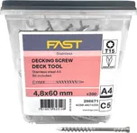 FAST Decking screw - terasové vruty Nerez A4, 4,8x60 mm, TX15, vč. prodlouženého bitu - Speciální terasový vrut pro neviditelné spoje - NEREZ A4