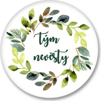 Svatební dekorace Placka - malá 44 mm - tým nevěsty zelené listy - 1 ks