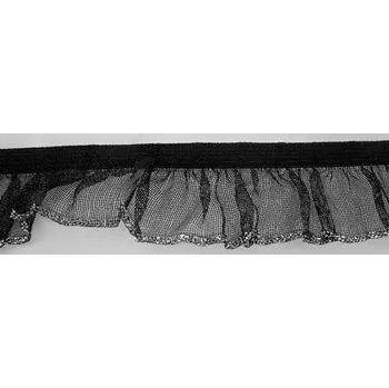 Elastický volánek se stříbrným lemováním - černá, stříbrná - šířka 1,7 cm