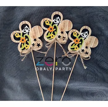 Party dekorace Zápich květ vykrajovaný dřevěný (6 ks) - přírodní