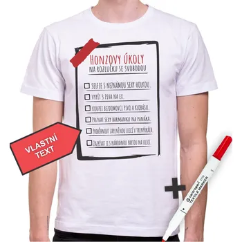 Tričko - Úkoly pro Ženicha (Vlastní text) + fixka na odškrtávání úkolů, Barva látky tyrkysová modrá, Střih Pánsky/UNISEX, Velikost XS