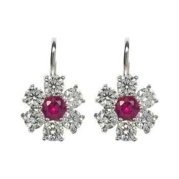 Náušnice Stříbrné zirkonové náušnice kytky s červeným středem