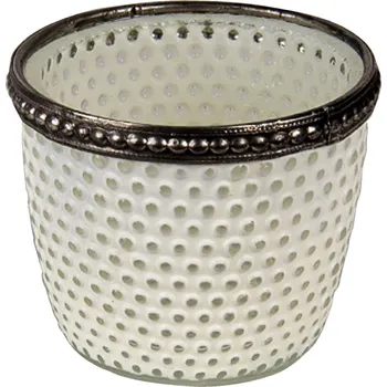 Svícen Bílý skleněný svícen White se zdobeným lemem - Ø 7*6 cm