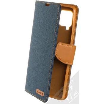 Pouzdro na mobilní telefon 1Mcz Canvas Book flipové pouzdro pro Samsung Galaxy A42 5G tmavě modrá hnědá (dark blue camel)