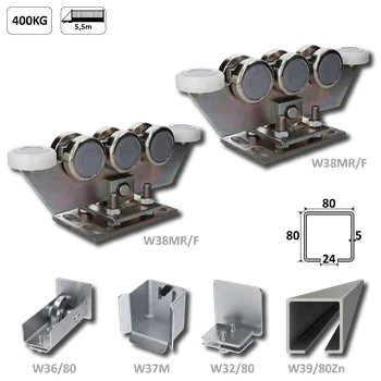 Pohon brány Samonosný systém 80x80x5 mm pro posuvné brány do 400 kg / 5,5 m otvor (W39/80Zn 6 m pozinkovaný profil, 2x W38MR/F, 1x W36/80, 1x W37/M, 1x W32/80)