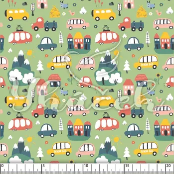 Zakázkový tisk, softshell, kočárkovina... Dopravní prostředky a zvířátka na olivové Látky k tisku: Fleece