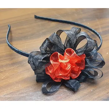 Saténová čelenka s květem - černá/červená