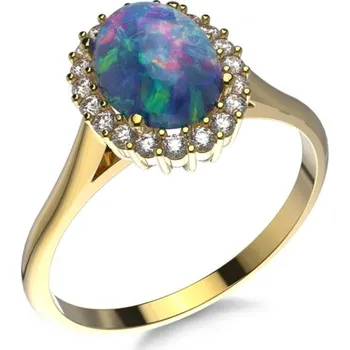 Šperk Couple, Půvabný prsten Ophelia se syntetickým&nbsp;modrým opálem a&nbsp;zirkony, žluté zlato, vel. 51, prům. 16.2 mm, 585-52-1-0510.0Z00.0.51.163