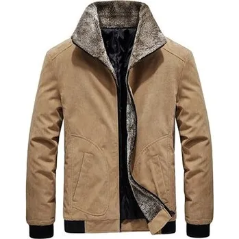 Pánská softshellová bunda Zimní manšestrová bunda slim s kožešinovým límcem Barva: Khaki, Velikost: M